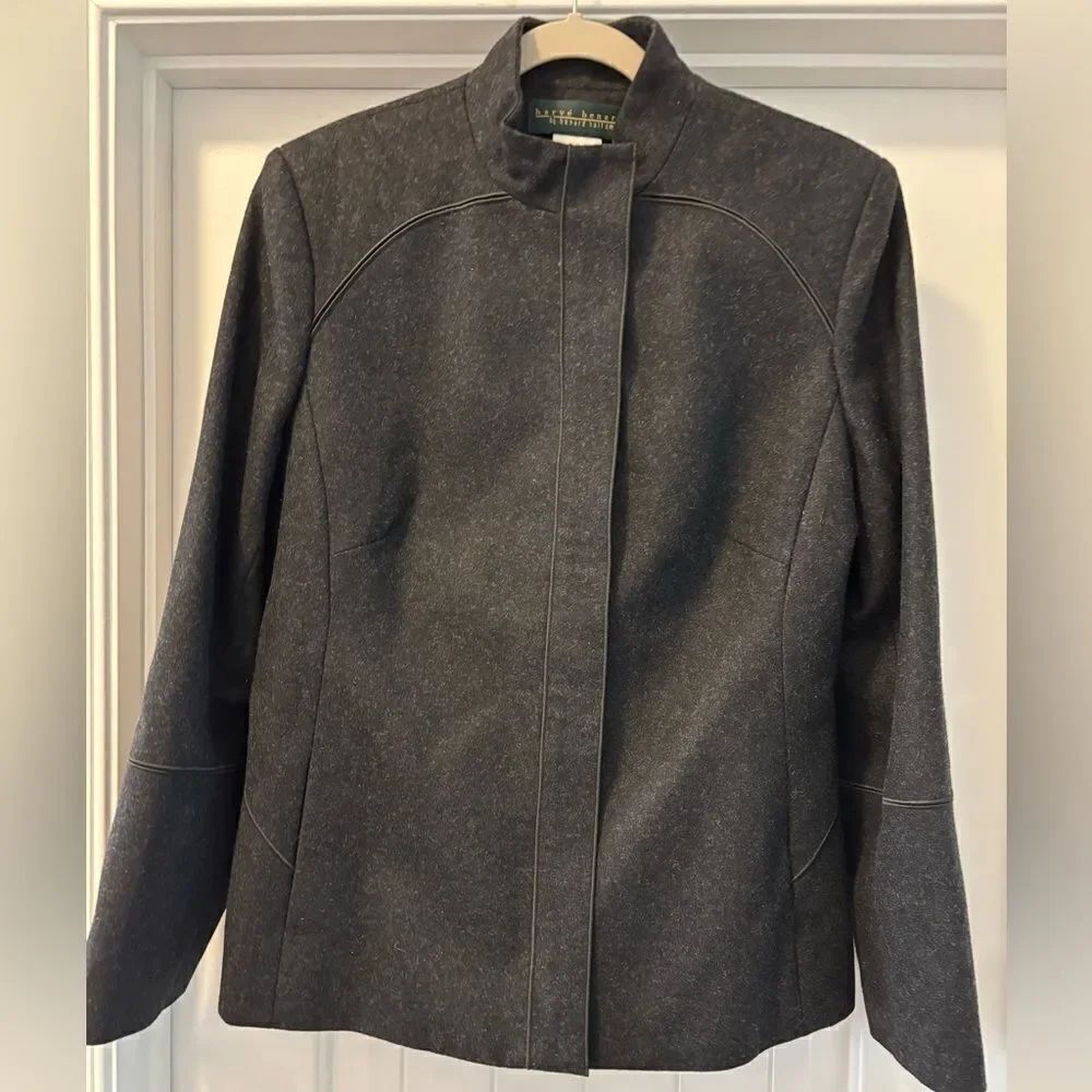 Harve Benard Wool Viscose Charcoal Mandarin Collar Zip Front Blazer Size 12